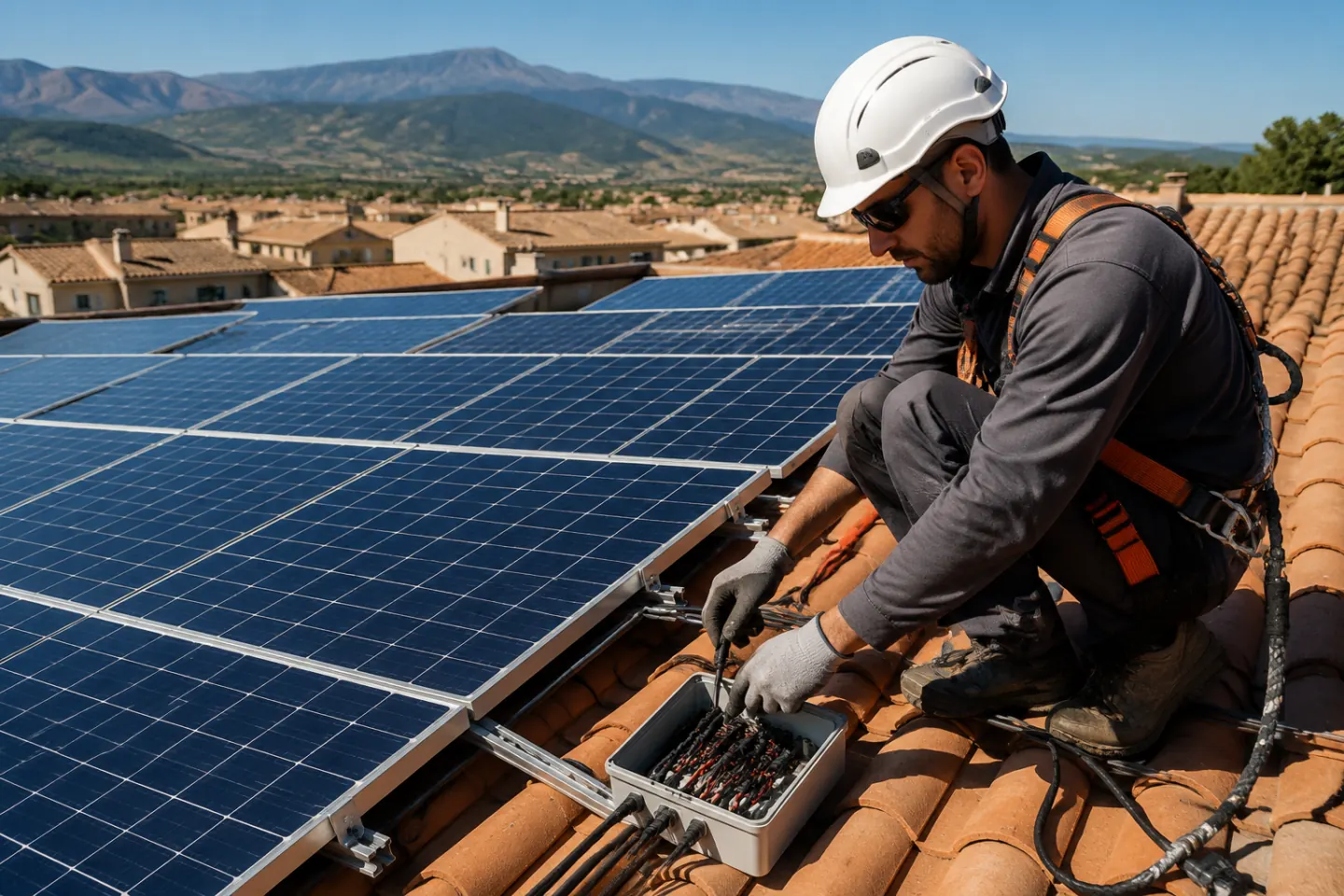 Revisión eléctrica de placas solares en una cubierta de Huesca