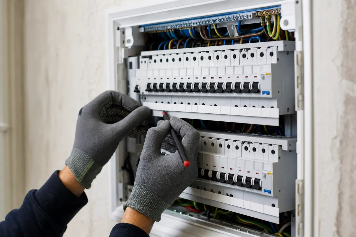 Electricista trabajando en un cuadro eléctrico con protecciones en Huesca