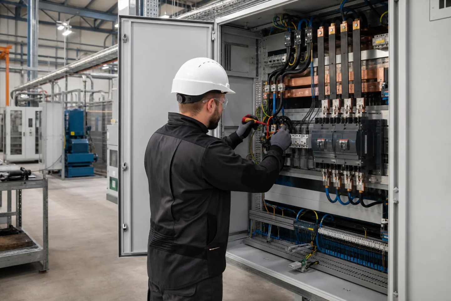 Electricista revisando un cuadro de distribución en una instalación industrial de Huesca
