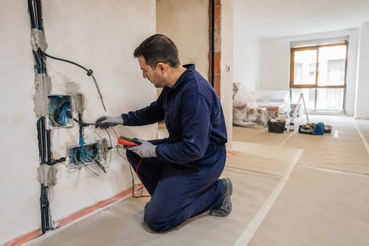 Profesional comprobando el cableado de una reforma eléctrica en Huesca
