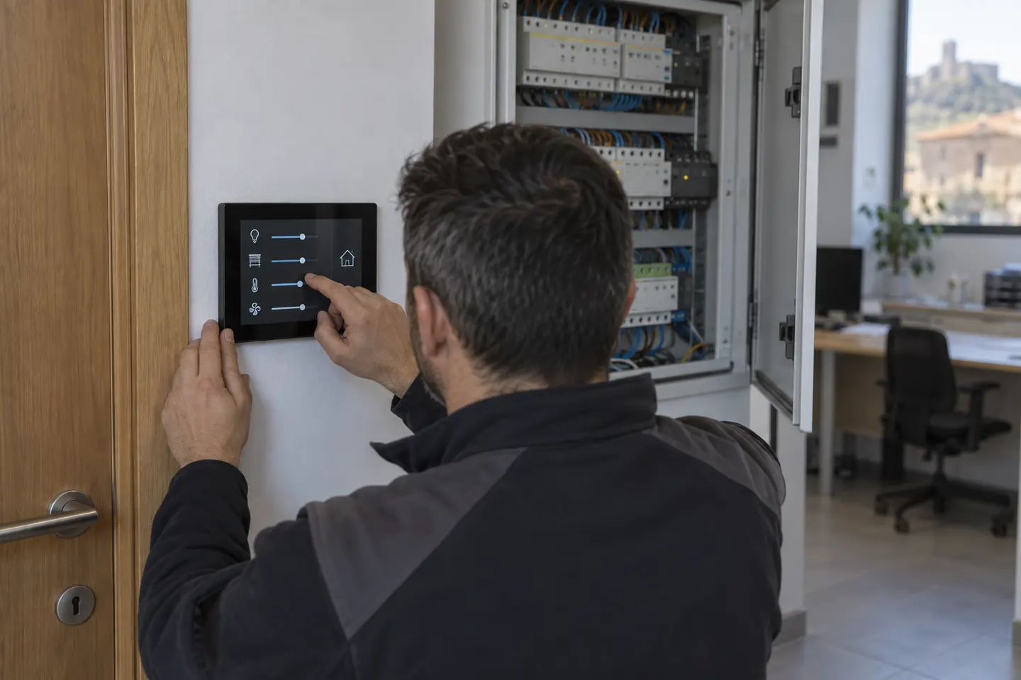 Panel de control domótico en la pared de una oficina, con el cuadro de actuadores al fondo